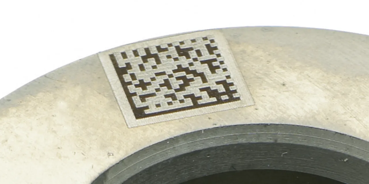 Laser-marked DataMatrix code on metal part using Trotec SpeedMarker marking laser