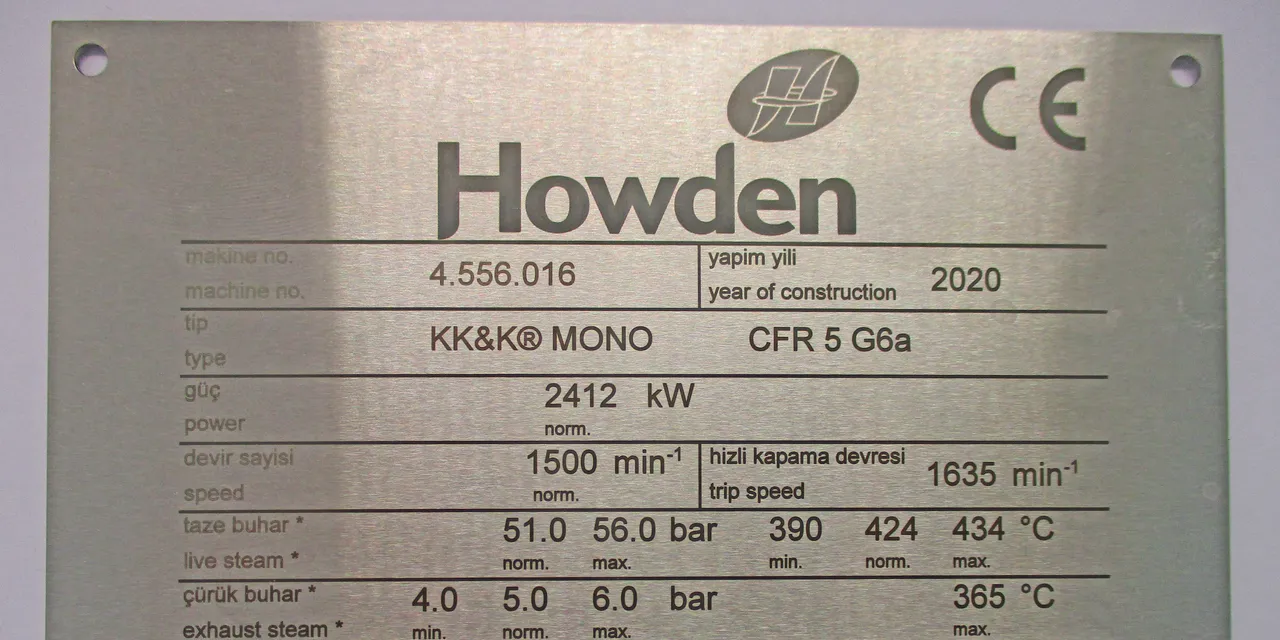 Metal nameplate with machine specifications engraved using Trotec laser marking technology