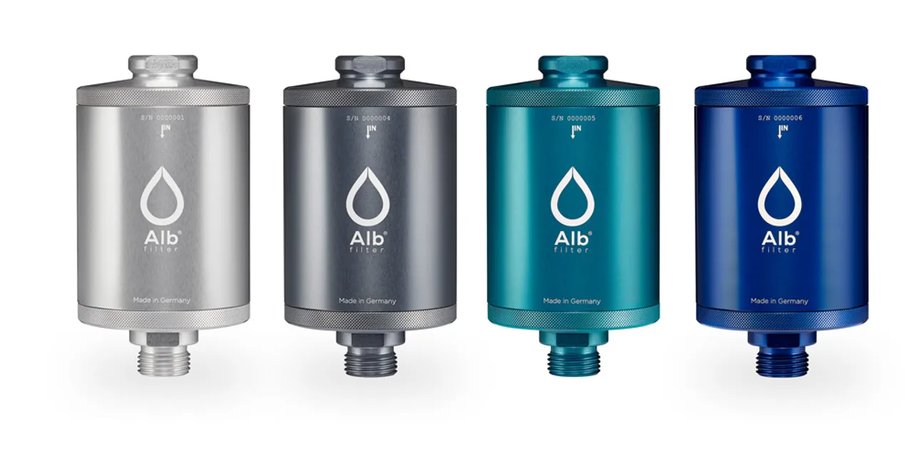 Alb Filter metal water filter cartridges in silver, gray, teal, and blue finishes
