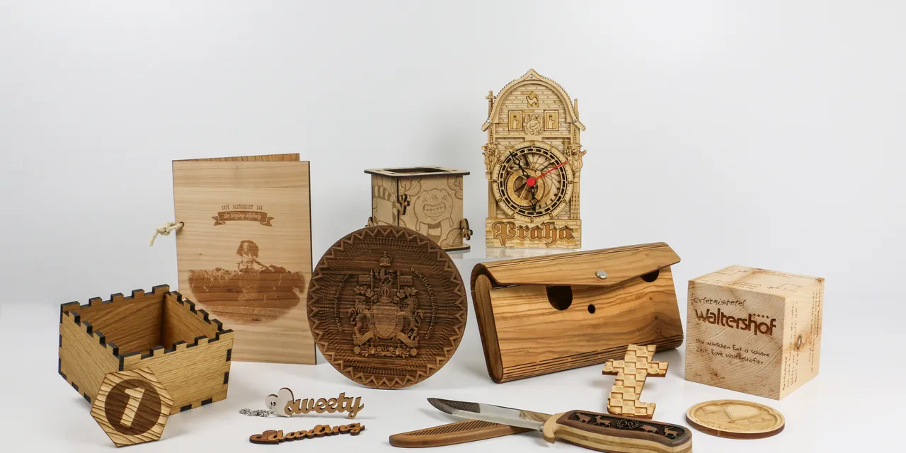 Laser-cut and engraved wood gifts and models created with Trotec CO₂ laser cutter