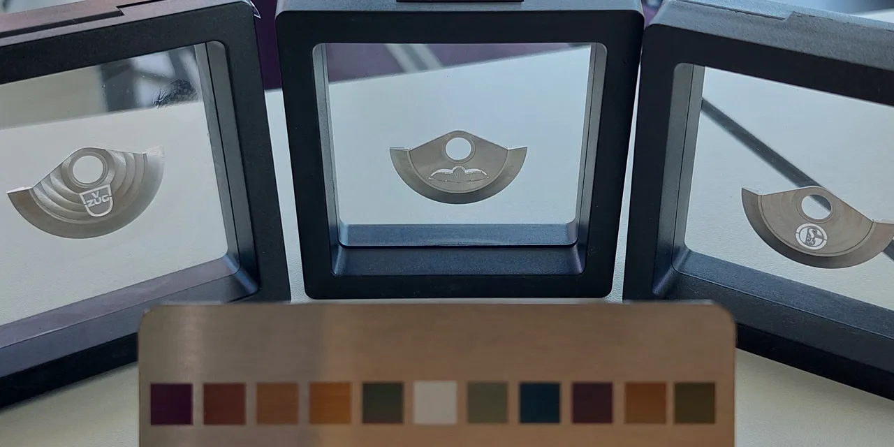 Laser-engraved metal tags and color samples created with Trotec MOPA F-210 fiber laser marking machine