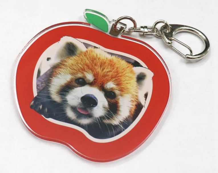 Apple-shaped keychain with red panda image created using Trotec laser engraving on acrylic