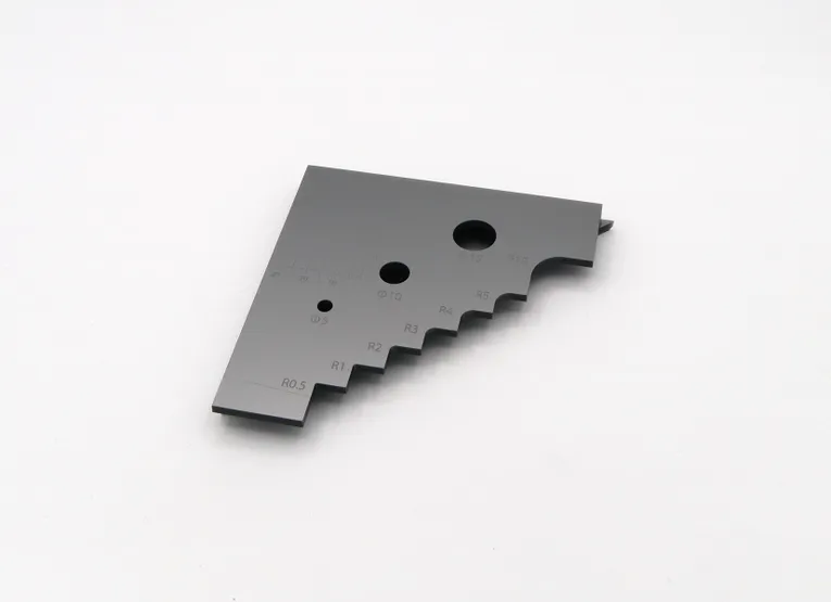 Laser-cut acrylic angle gauge with engraved measurement markings made using Trotec laser cutter