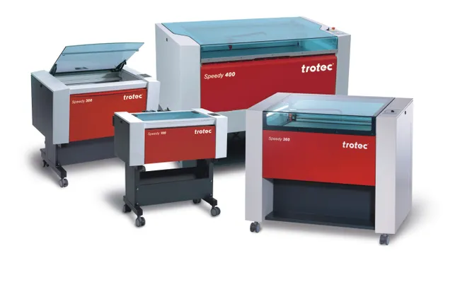 Trotec Speedy series CO₂ laser engraving machines including Speedy 100, 300, 360, and 400 models