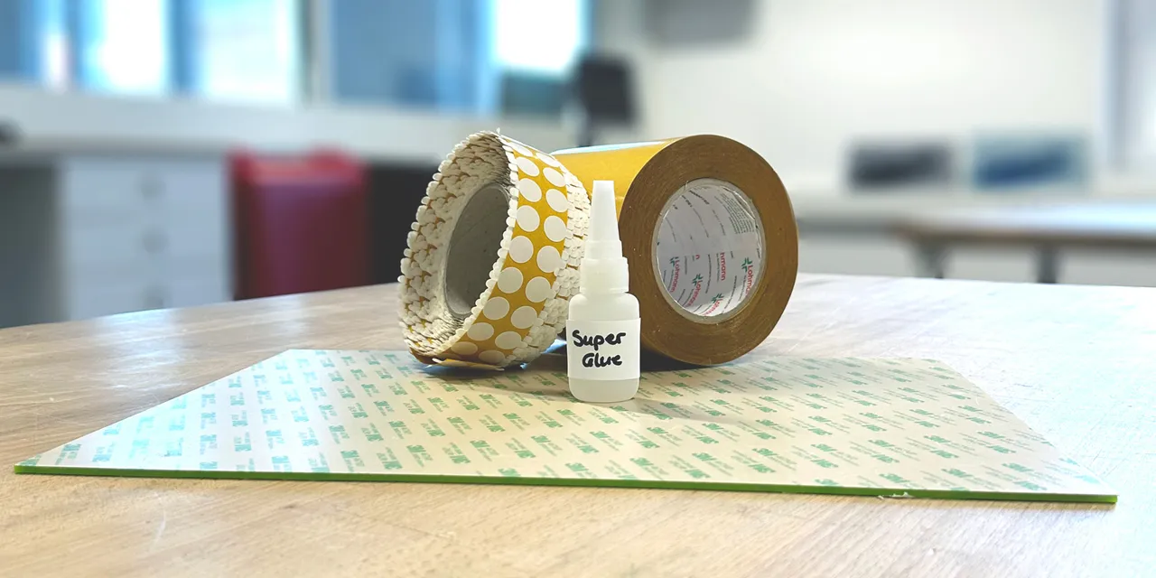 Trotec laser-compatible adhesives including super glue, double-sided tape, and adhesive sheet