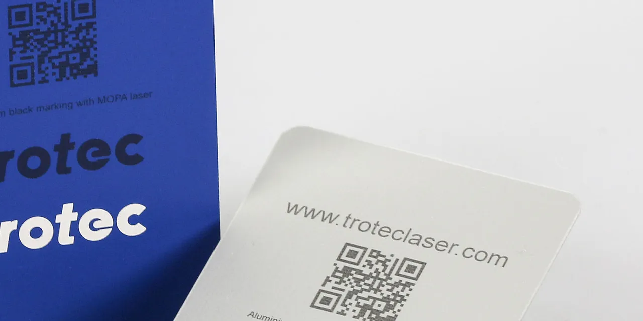 Trotec MOPA laser marking QR code on aluminum card with high contrast black engraving