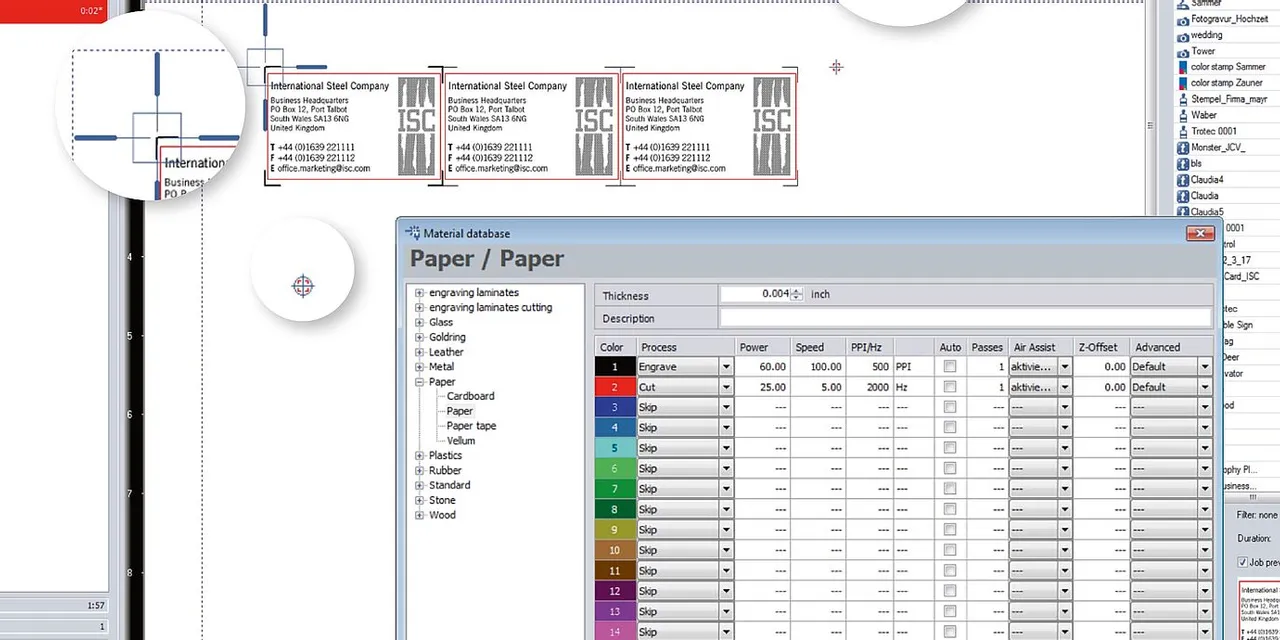 Trotec Ruby® laser software interface showing material database and engraving job preview