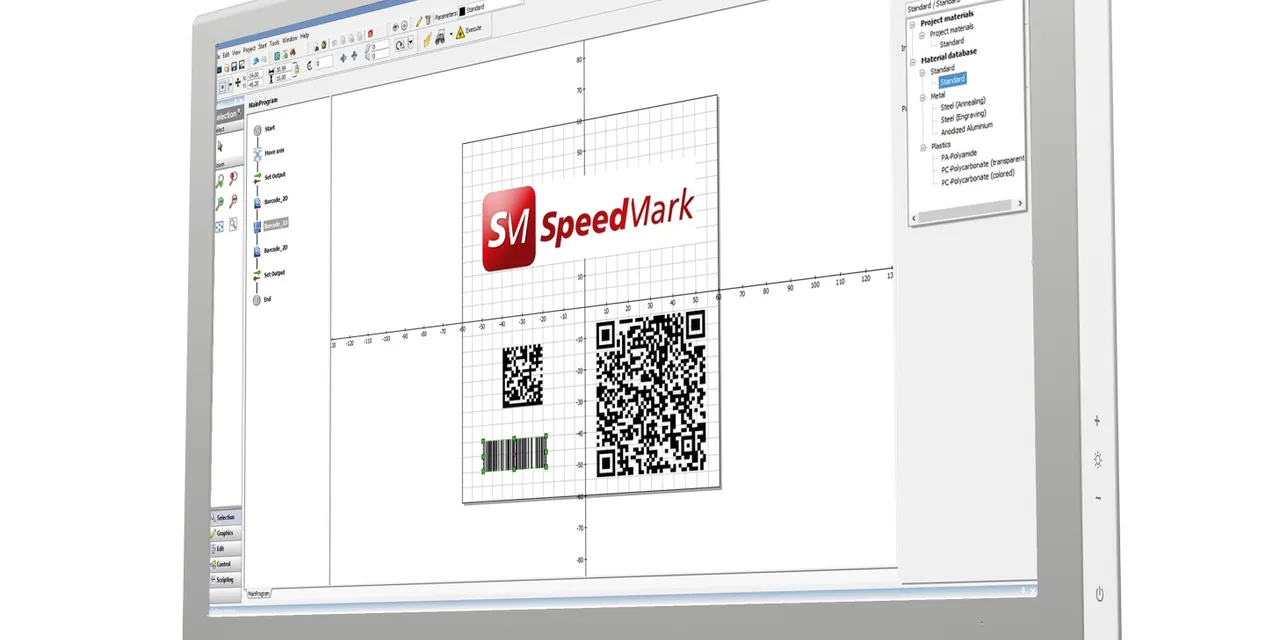 Trotec SpeedMark laser marking software interface with barcode and QR code design on screen
