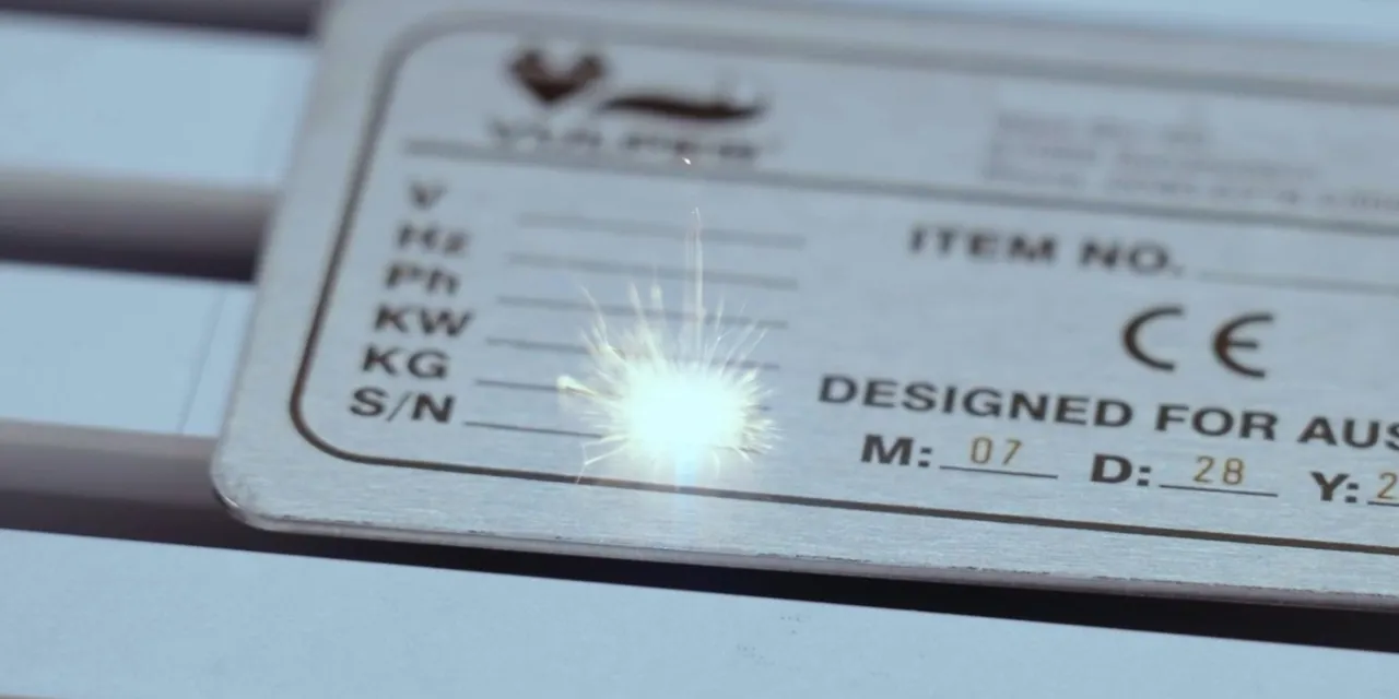 Trotec SpeedMarker laser marking machine engraving metal nameplate with serial number