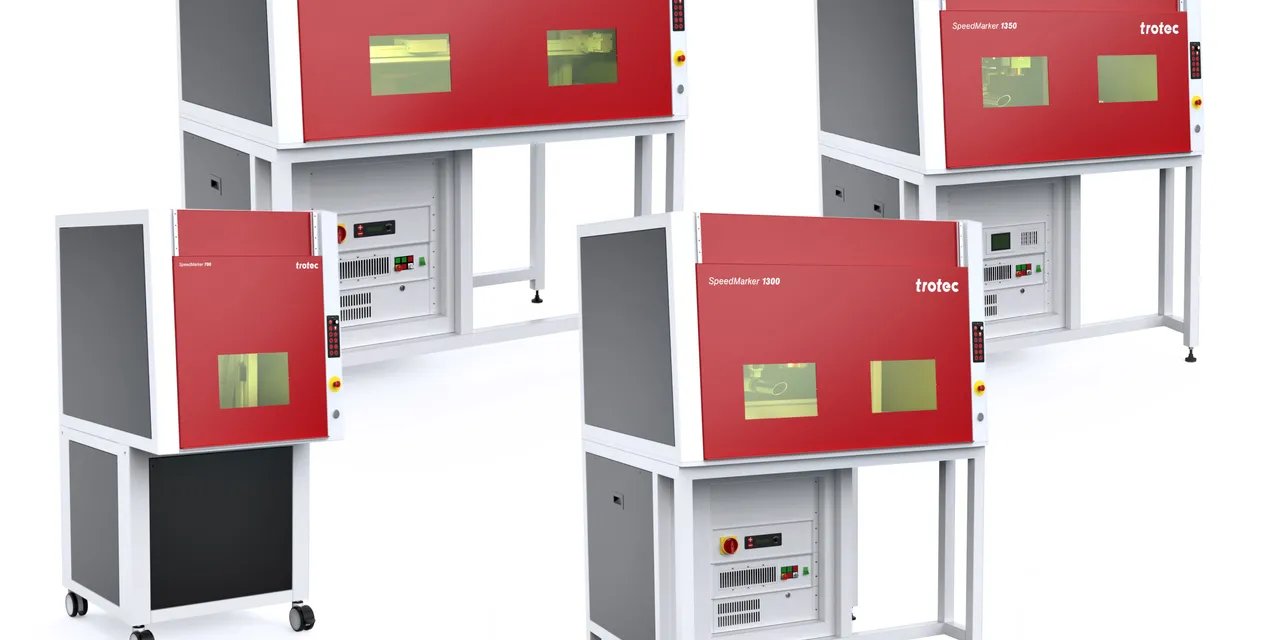 Trotec SpeedMarker laser marking machines in various sizes with red safety enclosures