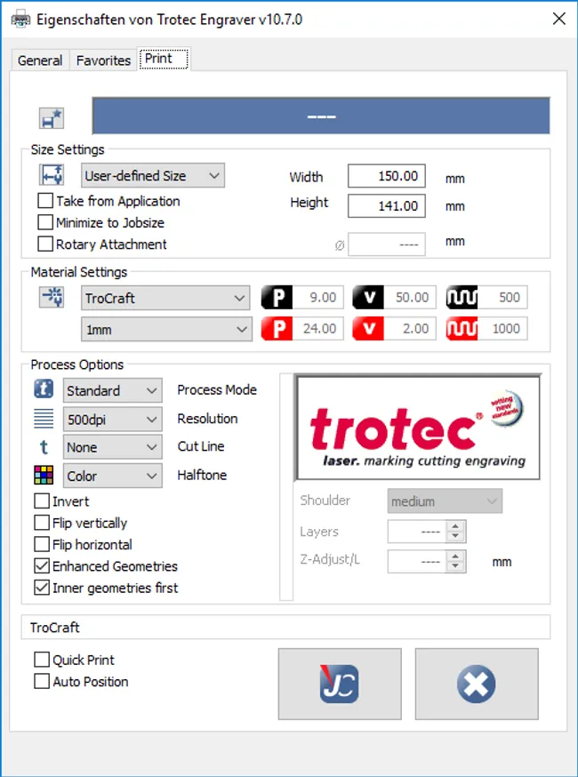 Trotec print settings: TroCraft Eco
