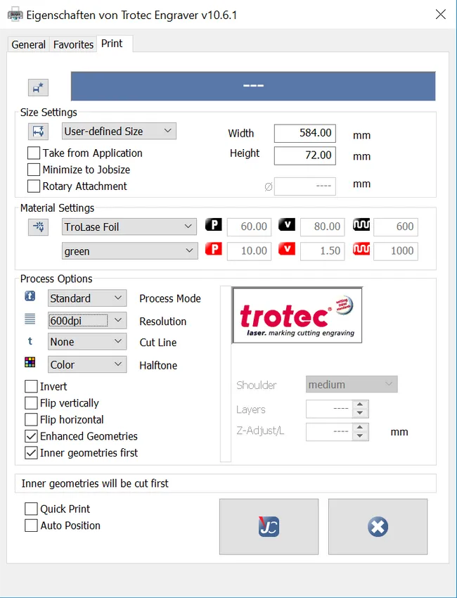 Trotec print settings trolase foil