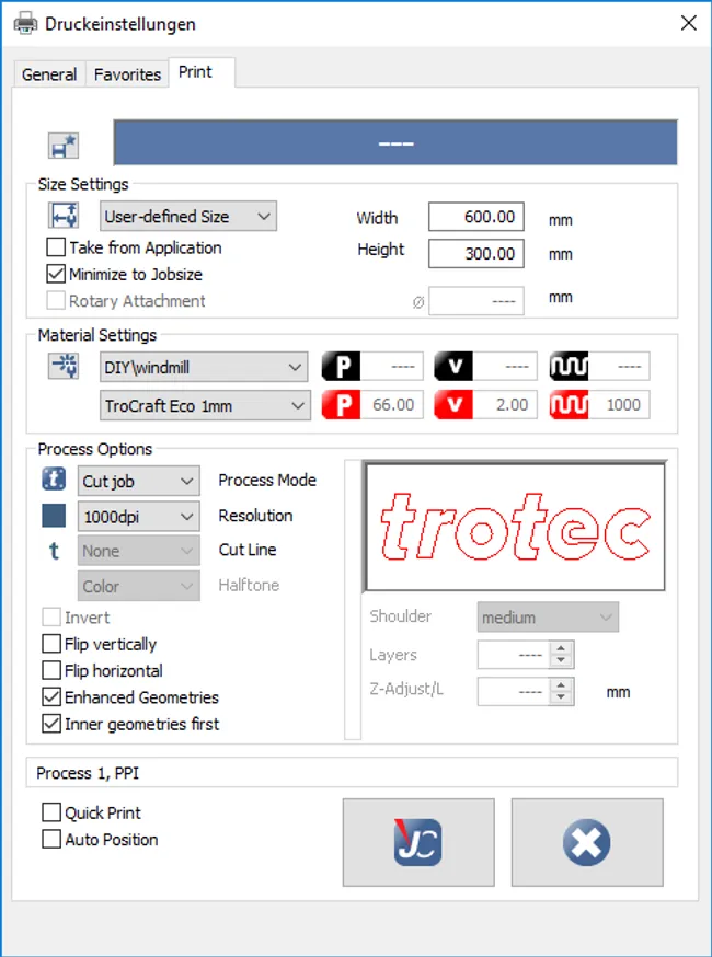 trotec print settings trocraft 1mm