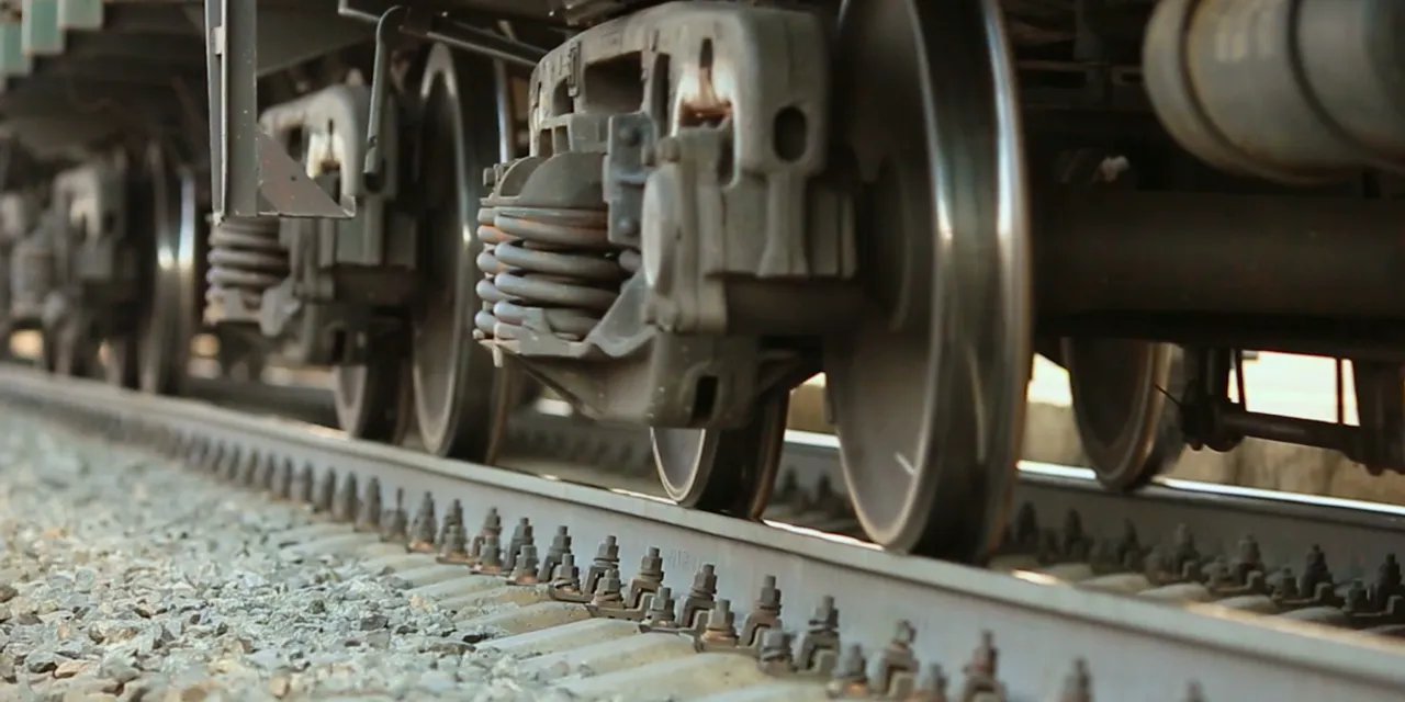 Close-up of freight train wheels and suspension system on steel railway tracks