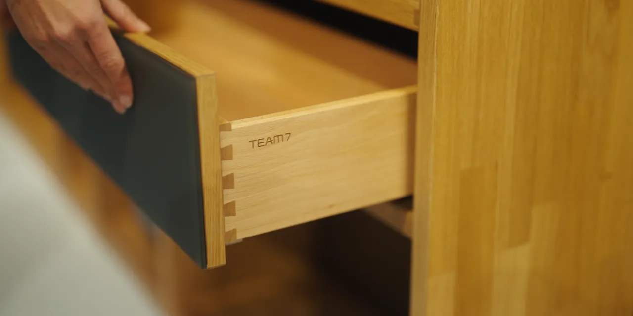Laser-engraved TEAM 7 logo on wooden drawer made with Trotec CO₂ laser cutter