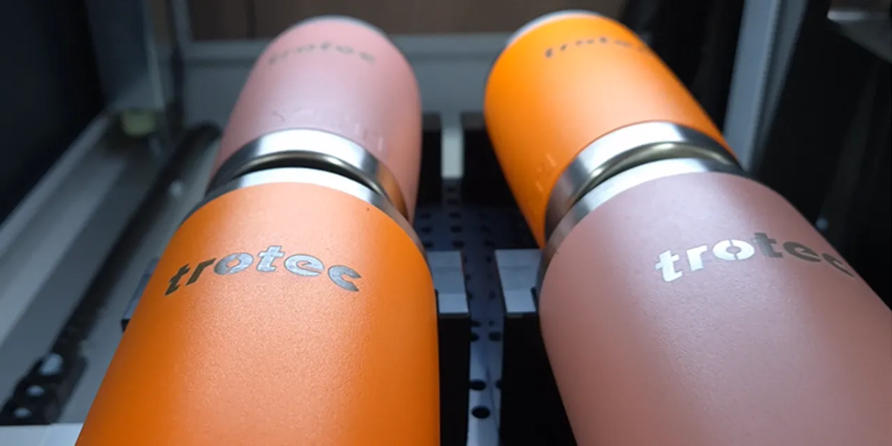 Trotec laser engraving stainless steel tumblers with CO₂ laser marking system